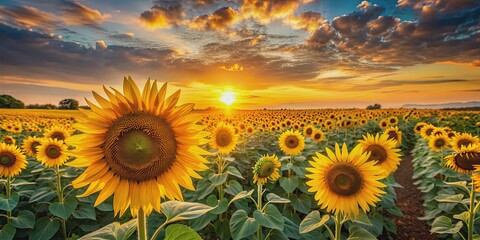 Fototapeta premium Vibrant sunflower field at sunset with golden hues in the background, Sunflower, field, sunset, golden, vibrant, nature, agriculture