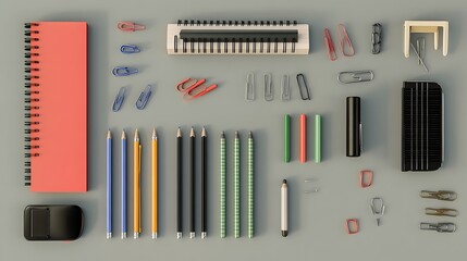 Neatly Arranged Office Supplies in Minimalist Modern Style Against Plain Background