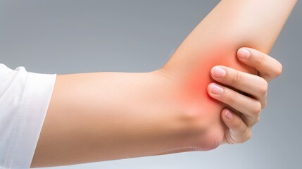 Elbow Pain: Woman holding her elbow with a painful red overlay, highlighting the area of discomfort. 