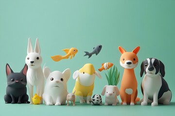 Diverse Assortment of Cartoon-Style Pets Arranged in a Minimal, 3D Rendered Composition