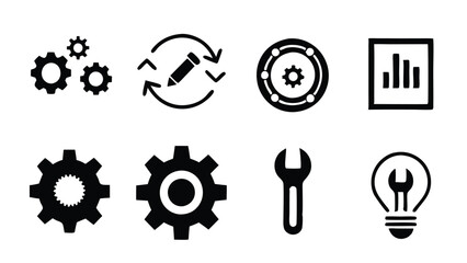 Set of black and white icons depicting various business processes, including gears, a pencil, a wrench, and a lightbulb.