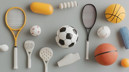 Arrangement of Athletic Equipment on Solid Gray Backdrop in Contemporary Style