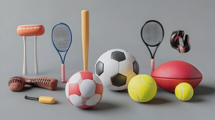 Contemporary Athletic Gear Arrangement with Sport Balls and Equipment on Minimal Gray Background