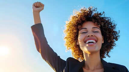 Triumphant Woman: A photo of a young woman with curly hair, her arm raised in the air, a smile on her face, and her eyes closed in satisfaction. The image evokes a sense of accomplishment and joy, sug