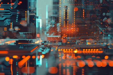 Fototapeta premium Microchip superimposed on computer screen for a modern double exposure tech theme