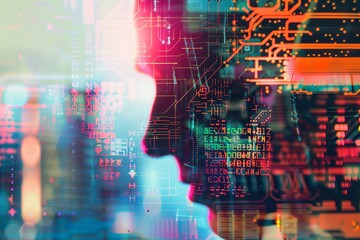 Obraz premium Microchip superimposed on computer screen for a modern double exposure tech theme
