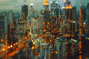 Microchip superimposed on cityscape for an engaging double exposure tech composition