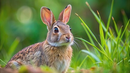 Fototapeta premium A close-up image of an Appalachian Cottontail Rabbit in its natural habitat, Appalachian, Cottontail, Rabbit, Wildlife, Forest, Fluffy