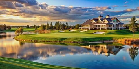 Scenic golf course by a lake with elegant clubhouse in the background, stunning, golf course, serene, lake