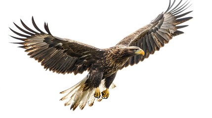 Obraz premium Majestic Eagle in Flight: A powerful symbol of freedom, strength, and resilience, a soaring bald eagle with outstretched wings, isolated against a pristine white background. Its sharp gaze and majest