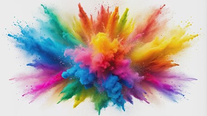 Colorful explosion of powder with freeze motion isolated on white background, abstract splatter of colored dust powder