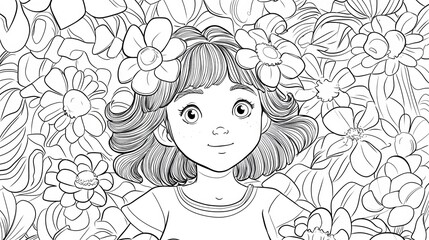 Floral Dreams: A whimsical illustration of a young girl surrounded by delicate flowers, her eyes closed in peaceful slumber, capturing the beauty and tranquility of nature's embrace. 