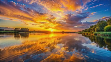 Vibrant sunset casting golden glow over calm river, sunset, golden hour, river, reflection, serene, peaceful, nature