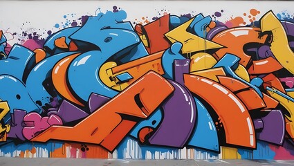 Image showcases a vibrant and dynamic graffiti mural. The style is abstract and urban, with a...