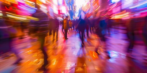  motion blur style, crowds moving through a busy street