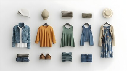 Neatly Arranged Assortment of Stylish Clothing Items on Plain Background