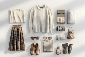 Meticulously Arranged Fashion Ensemble in Minimalist 3D Rendering