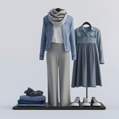 Precisely Composed 3D Rendered Minimalist Clothing Ensemble with Polo,Slacks,Dress,Denim Jacket,and Scarf