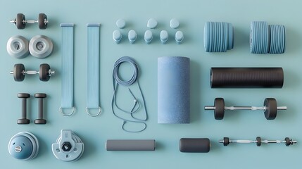 Neatly Arranged Fitness Equipment Set Against Clean and Modern Background