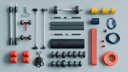 Neatly Arranged Fitness Equipment Set with Dumbbells Yoga Mats Kettlebells and Resistance Bands on Plain Background