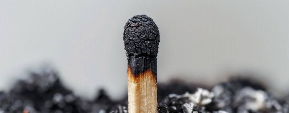 Single burnt matchstick in ash pile, symbolizing risk, danger, and aftermath of fire
