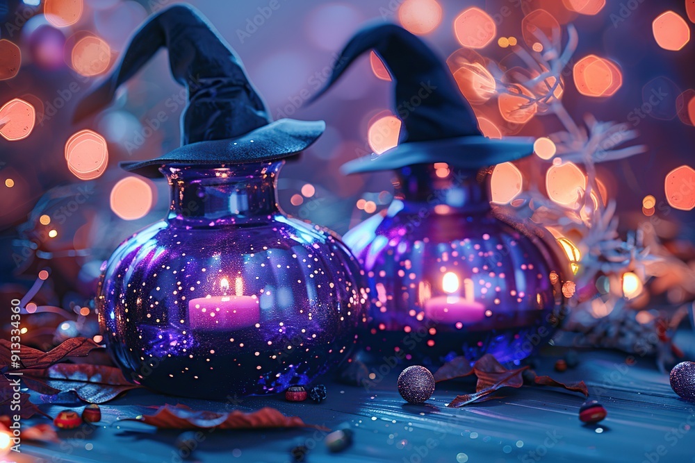 Wall mural magical halloween lanterns with witch hats and twinkling lights