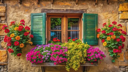Old building window with colorful flowers and retro style house , vintage, architecture, floral, exterior, nostalgic, traditional