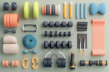 Assorted Essential Fitness Equipment Displayed in Organized Technical Style