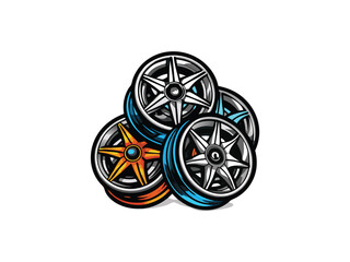 Illustration of four car rims stacked on top of each other.