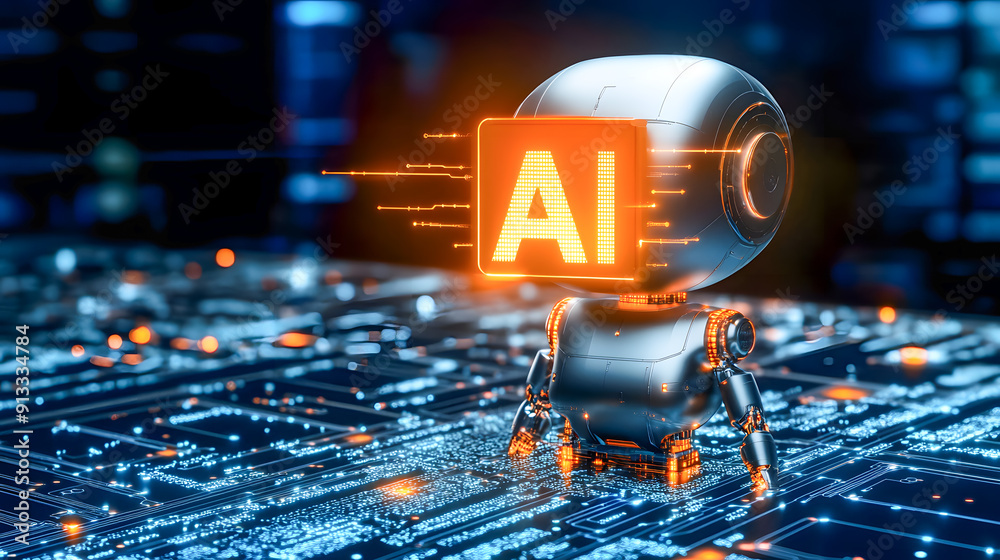 Poster futuristic robot standing on a detailed circuit board background with glowing digital data flows rep