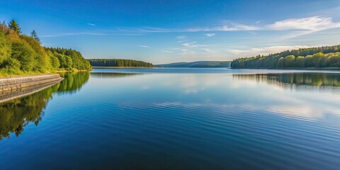 Obraz premium View of the reservoir with calm water in the afternoon, reservoir, water, calm, peaceful, tranquil, afternoon, reflection, nature