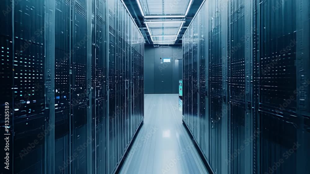 Aufkleber explore a high-tech data center with rows of illuminated server racks and advanced networking equipm
