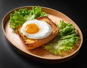 Fried egg on brioche with fresh lettuce for appetizing breakfast on black background