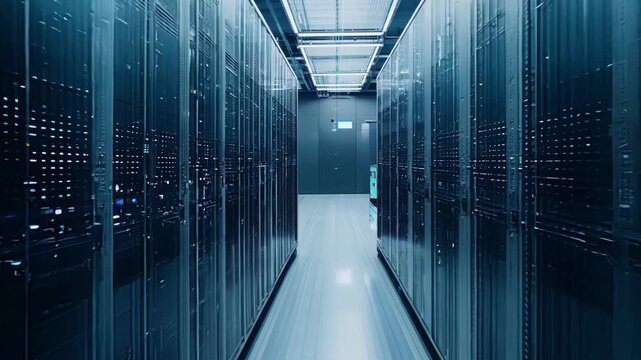 Explore a high-tech data center with rows of illuminated server racks and advanced networking equipment.