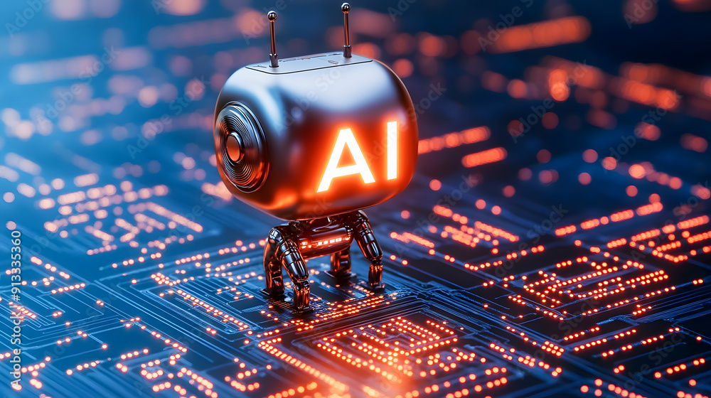 Poster futuristic robot on high tech circuit board with glowing lights and wires advanced intelligence tech