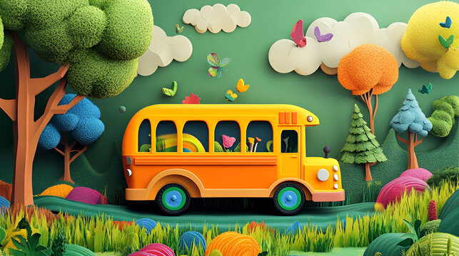 dibujo artistico llamativo y colorido de un camion escolar dibujo infantil regreso a clases entrando a la escuela