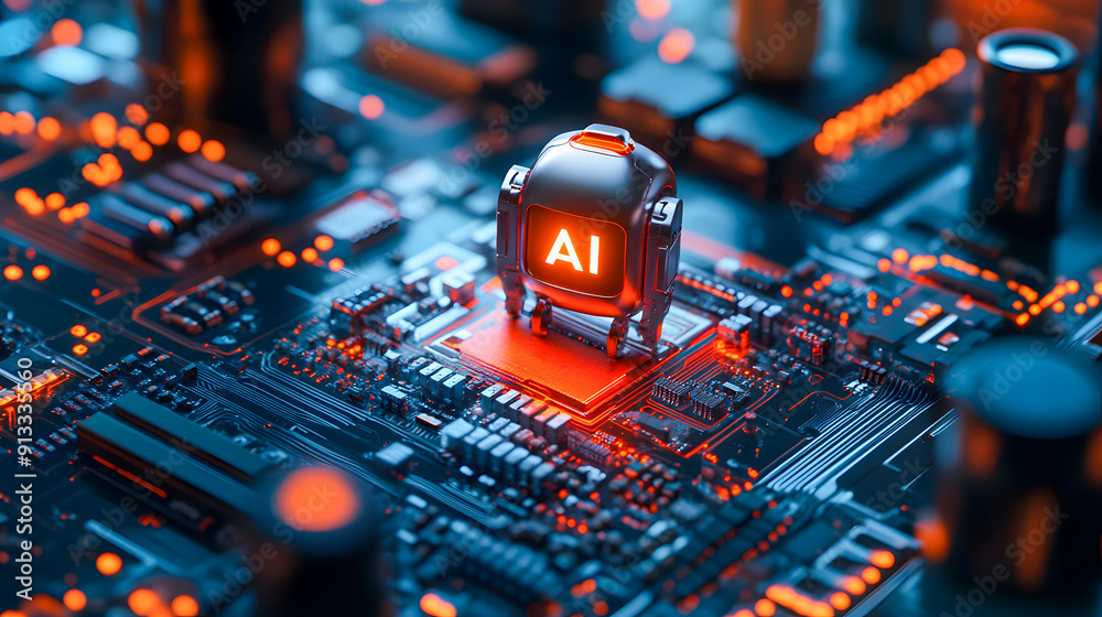 Poster closeup view of a high tech circuit board with advanced microchips and electronic components represe