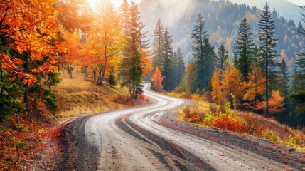 Fototapeta premium Winding road with bright fall leaves in the mountain district generative ai