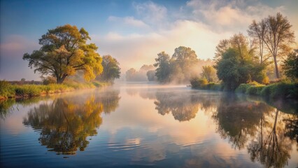 Obraz premium Morning river setting with fog , nature, tranquil, peaceful, misty, serene, water, outdoors, beauty, landscape, foggy, calm