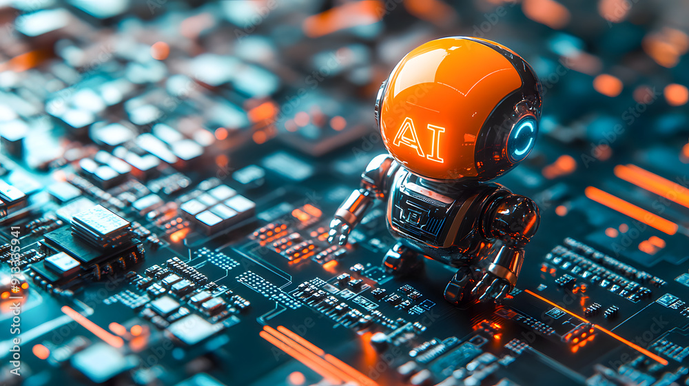 Poster close up view of a futuristic intelligence robot cyborg standing on a complex digital circuit board 