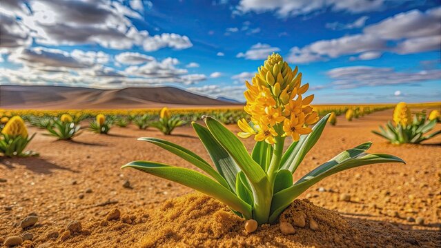 Vibrant yellow desert hyacinth blooming in the Moroccan desert , Cistanche tubulosa, Morocco, arid landscape, wildflower