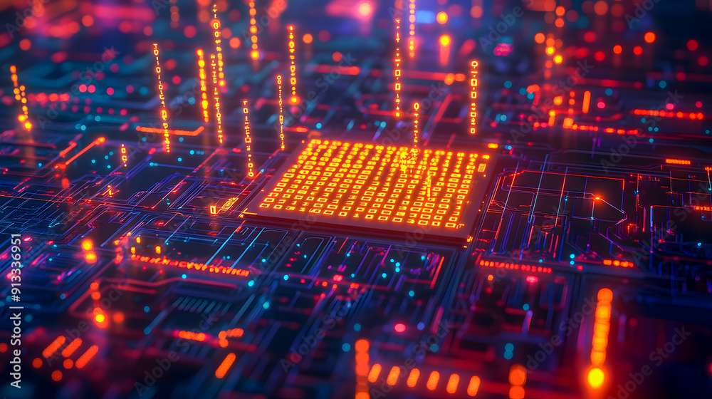 Poster futuristic digital technology circuit board with glowing lights colorful neon patterns and vibrant c