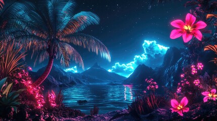 Exotic flowers and a glowing palm tree under neon lights in a tranquil tropical night scene