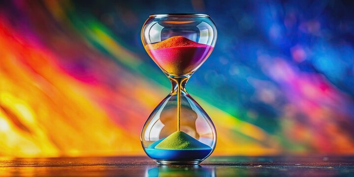 Colourful and vibrant hourglass with surreal design representing the passing of time and urgency , urgent, time, surreal