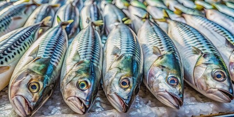 Obraz premium Fresh horse mackerels displayed on a fishmonger's stall , horse mackerel, Trachurus trachurus, fish, seafood, fresh, market