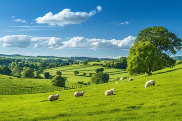 A peaceful countryside scene with rolling hills and grazing sheep under a clear blue sky