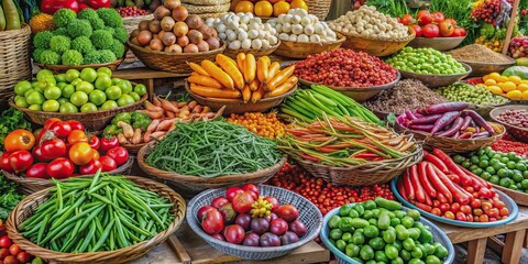 Fototapeta premium Vibrant display of fresh produce at an Asian market, market, vegetables, fruits, colorful, vibrant, fresh, organic, farm-fresh