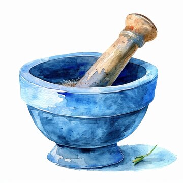 recommend clip art: Watercolor Illustration of Ceramic Mortar and Pestle Clipart with Textured Grinding Surface on White Background