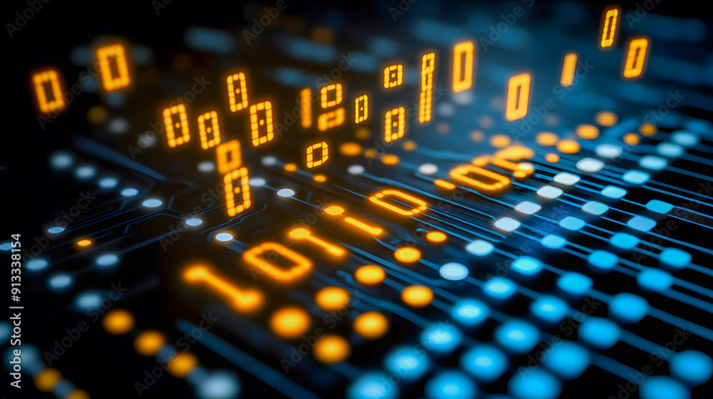 Poster glowing neon cubes and dynamic data flow in a futuristic digital matrix background representing the 