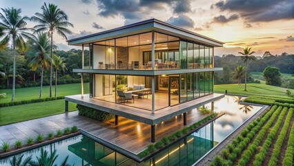 Fototapeta premium Luxurious modern villa with glass walls overlooking rice paddies in the jungle , luxury, high end, villa, modern, glass
